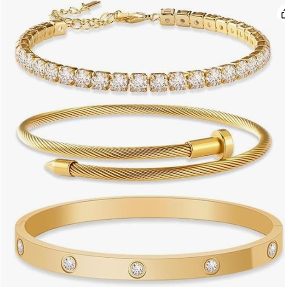 3PC Gold Bracelet Stack Set Tennis Cable & Bangle Bracelets
